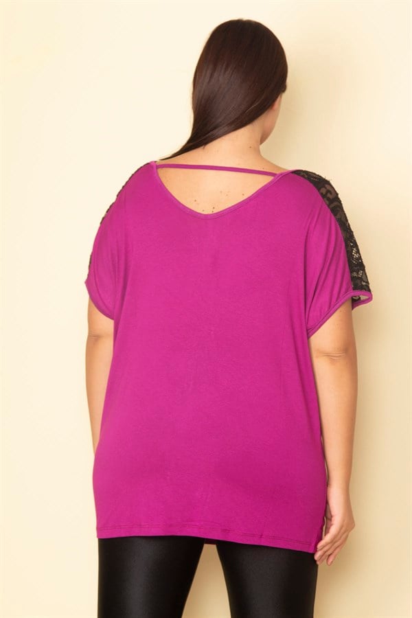 Kadın Fuşya Omuzları Dantel Detaylı V Yakalı Viskon Bluz 65N28745