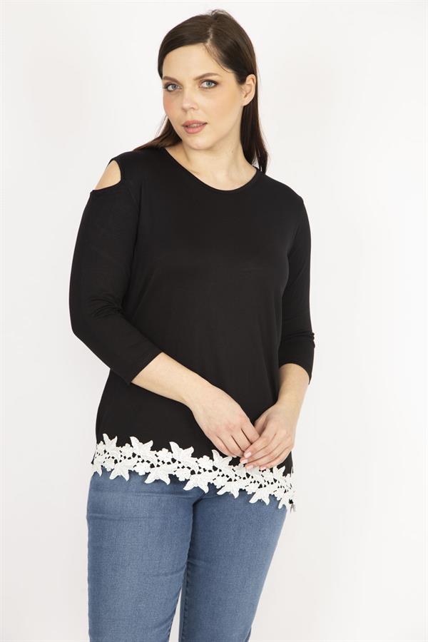 Kadın Siyah Büyük Beden Tek Omuz Dekolteli Etek Ucu Dantel Bluz
