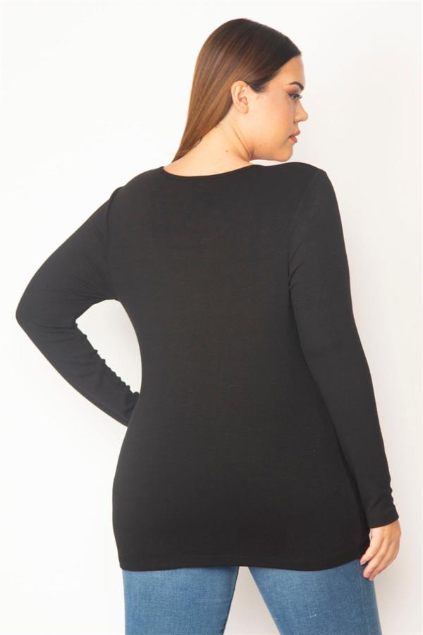 Kadın Büyük Beden Lacivert Pamuklu Kumaş Bisiklet Yakalı Uzun Kollu Bluz 65N37715