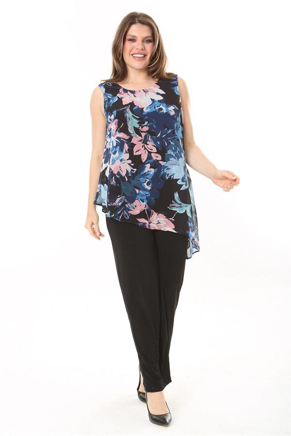 Kadın Büyük Beden Lacivert Şifon Pelerinli Tulum 65N37909