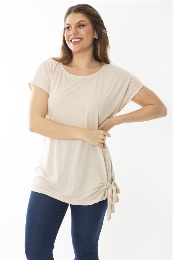 Kadın Büyük Beden Vizon Etek Ucu Bağcıklı Düşük Kollu Bluz 65N37031