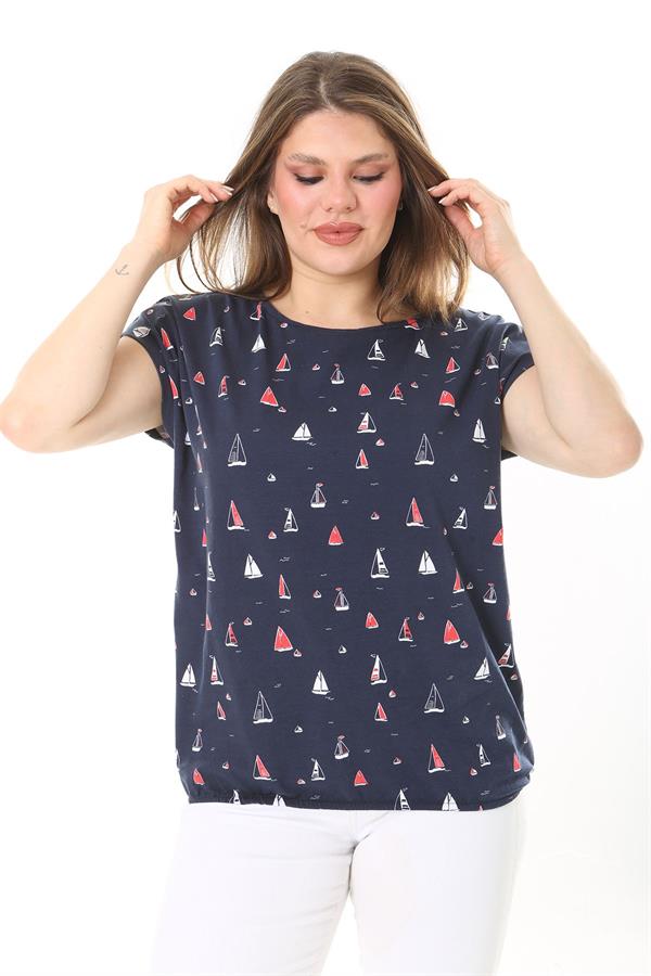 Kadın Büyük Beden Lacivert Pamuk Kumaş Etek Ucu Lastikli Düşük Kollu Bluz 65N37895