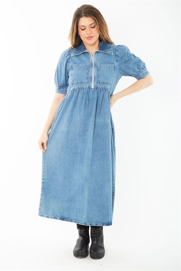 Kadın Büyük Beden Mavi Ön Pat Fermuarlı Kot Elbise 65N37377