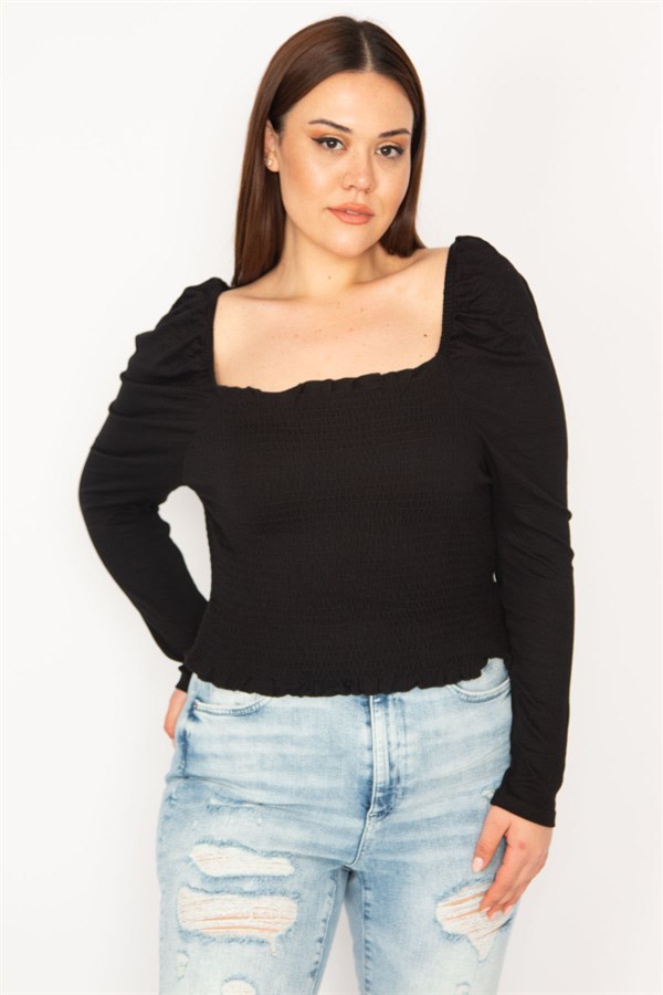 KADIN SİYAH BEDEN KISMI GİPE LASTİKLİ KARMEN YAKA UZUN KOLLU CROP BLUZ