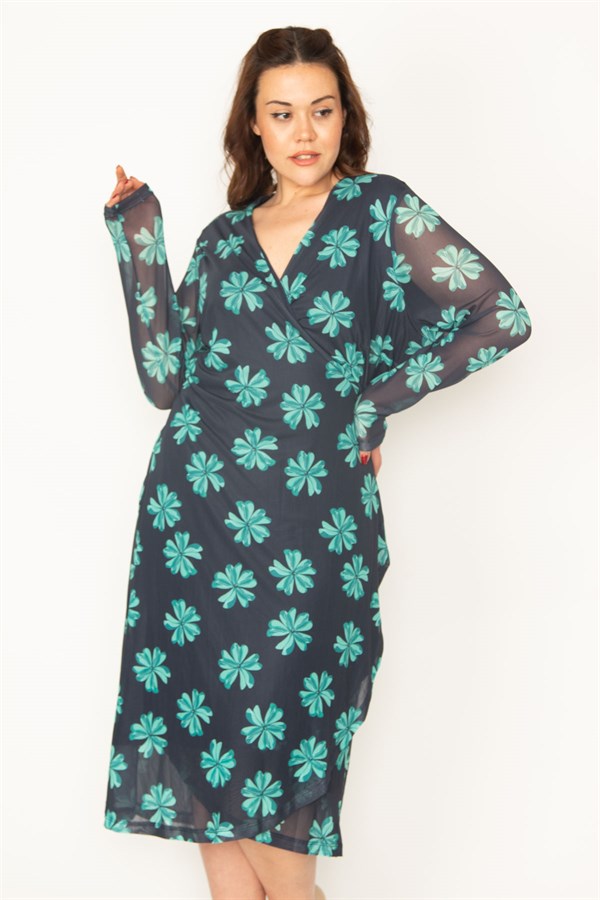 KADIN SİYAH KOLLARI TÜL BEDENİ ASTARLI KUŞAK BAĞLAMALI ÖNÜ AÇIK ANVELOP ELBİSE