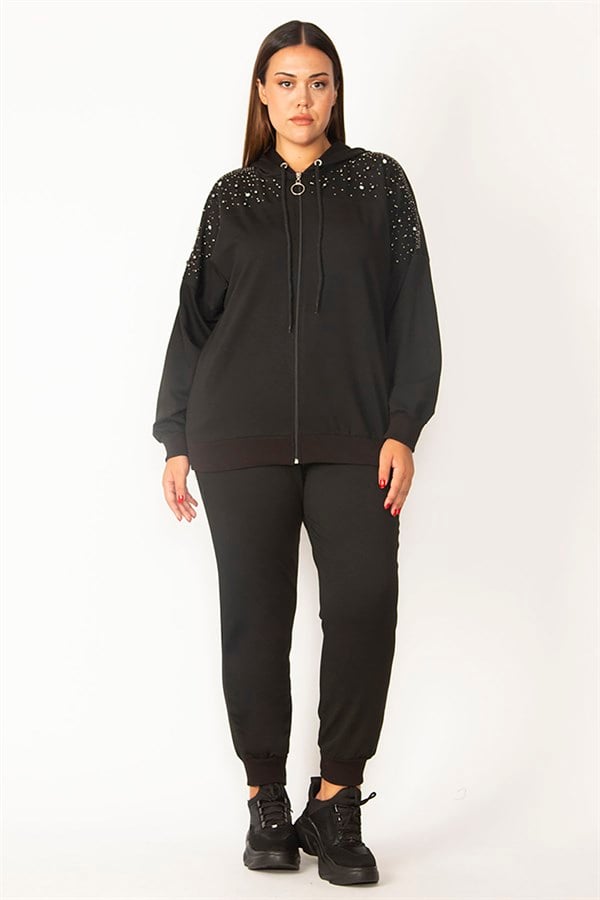 Ensemble sweat-shirt et pantalon à capuche avec fermeture éclair sur le devant et détails en pierre pour femme, noir