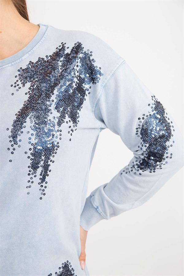 Kadın Mavi Büyük Beden Payet Detaylı Sweatshirt