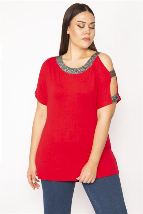 Kadın Kırmızı Tek Omuzu Ve Yakası Sim Detaylı Bluz 65N29510