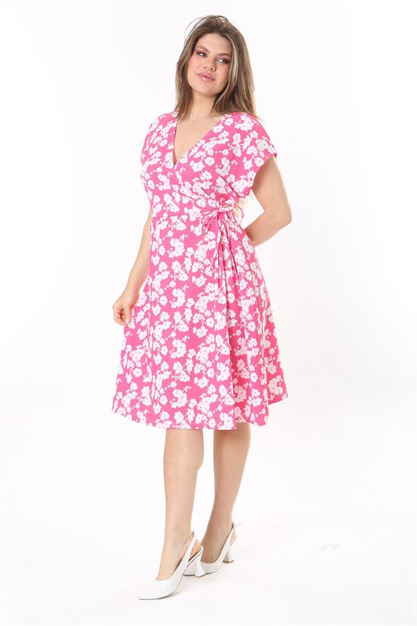 Kadın Pembe Anvelop Yakalı Yan Bağcıklı Bürümcük Elbise 65N37779