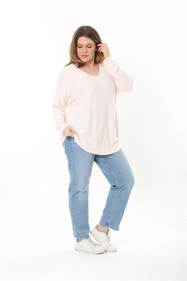Kadın Büyük Beden Pudra V Yakalı Kendinden Çizgili Uzun Kollu Tunik 65N37527