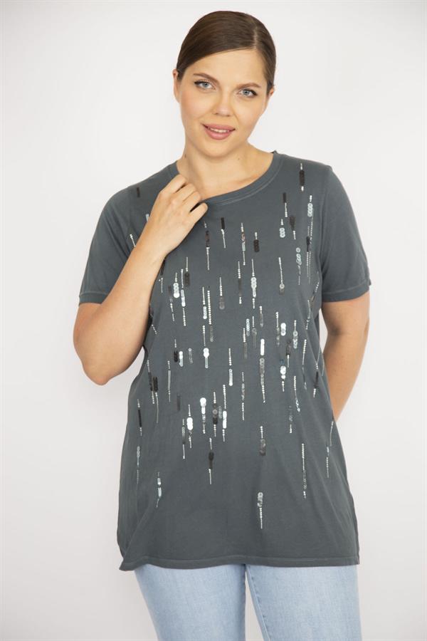 Kadın Büyük Beden Bebe Mavisi Payet Ve Taş İşli Bisiklet Yakalı Bluz