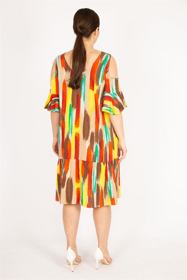 Kadın Fujya Büyük Beden Omuz Dekolteli Dokuma Viskon Kumaş Yan Cepli Elbise