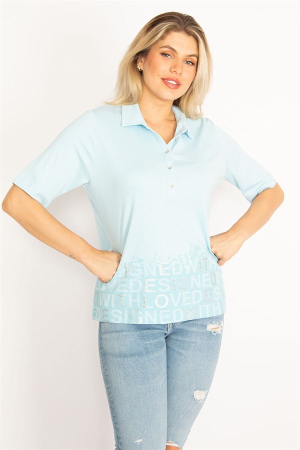 Kadın Haki Polo Yaka Pat Düğmeli Sim Ve Taş Detaylı Bluz 65N34521