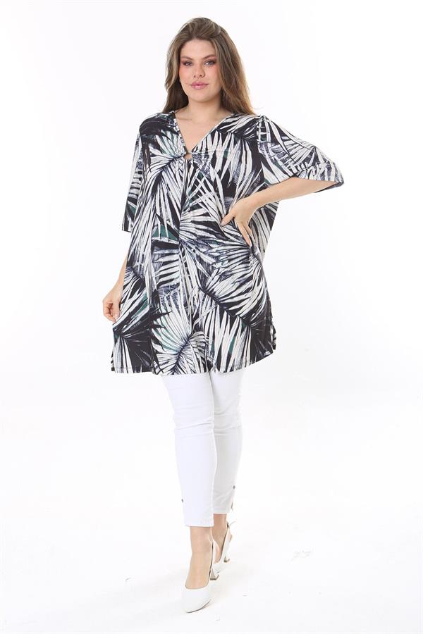 Kadın Büyük Beden Renkli Göğsü Toka Büzgülü V Yakalı Kısa Kollu Tunik 65N37796