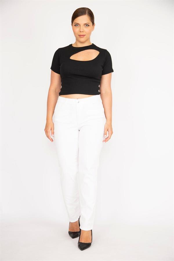 Kadın Büyük Beden Kemik Yüksek Bel Yan Kemer Lastikli Likralı 5 Cepli Kot Pantolon 65N37894