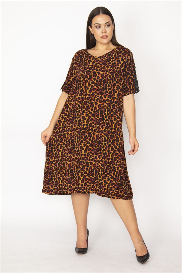 Kadın Leo Dantel Detaylı V Yakalı Leopar Desenli Elbise 65N29933
