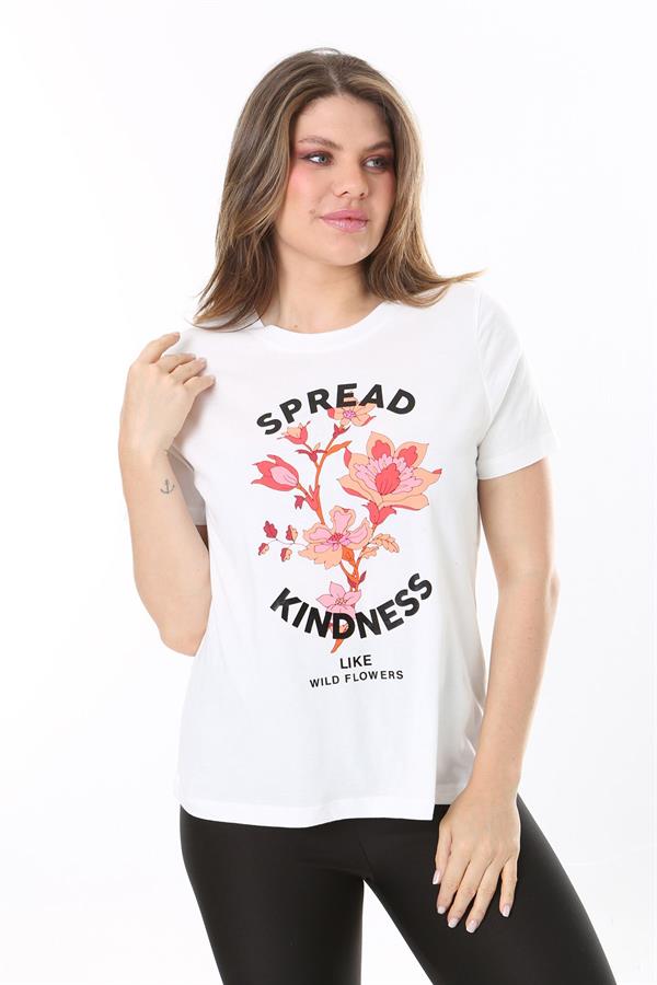 Kadın Büyük Beden Beyaz Pamuklu Kumaş Ön Baskılı Kısa Kollu Bluz 65N37854