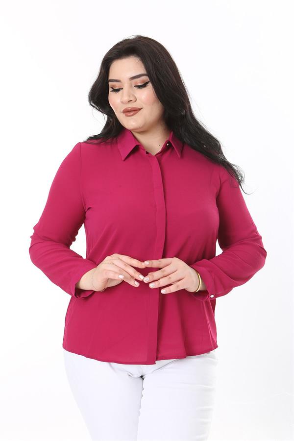Kadın Büyük Beden Fujya Gizli Pat Ön Düğmeli Bluz 65N38019