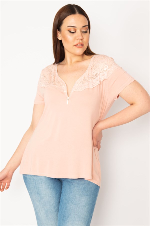KADIN SOMON ÖN PATI FERMUARLI DANTEL DETAYLI BLUZ