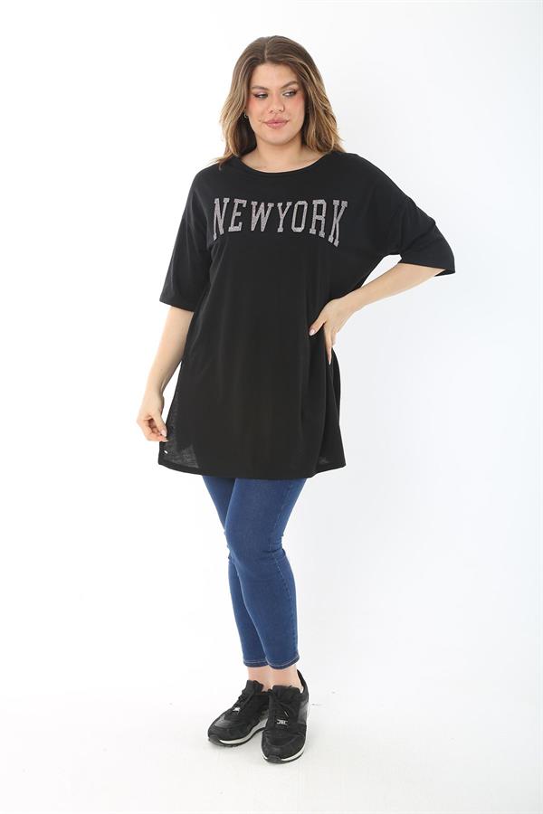 Kadın Büyük Beden Siyah Taş Ve Sim Detaylı Yan Yırtmaçlı Bluz 65N37466
