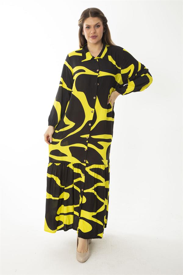 Kadın Büyük Beden Renkli Dokuma Viskon Kumaş Ön Boy Düğmeli Etek Ucu Katlı Elbise 65N37088