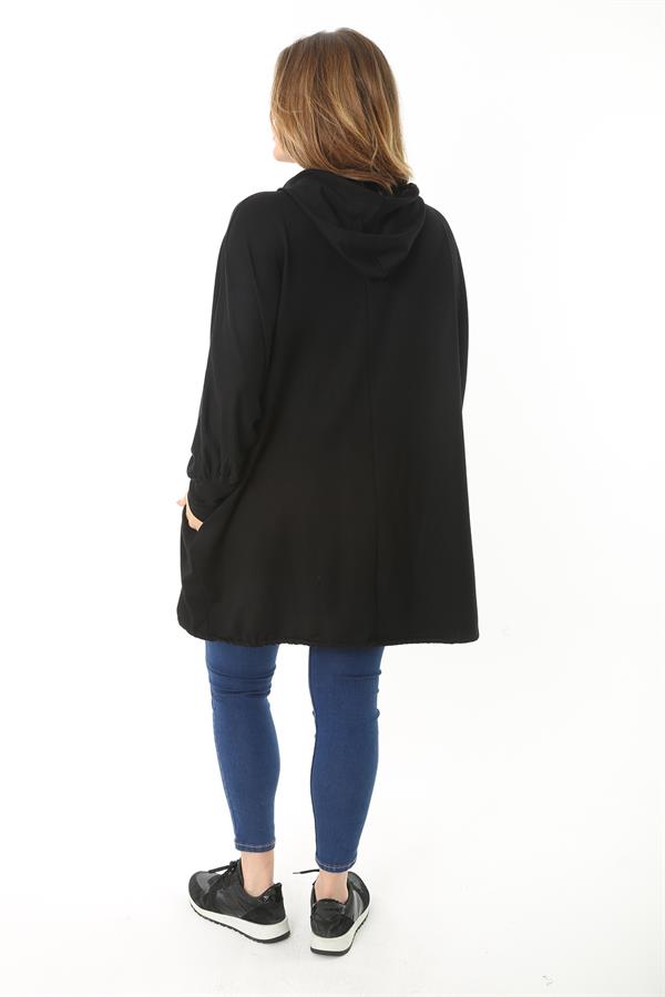 Women's Plus Size Black Front Lacquered Printed Hooded Casual Cut Sweatshirt 65N37118