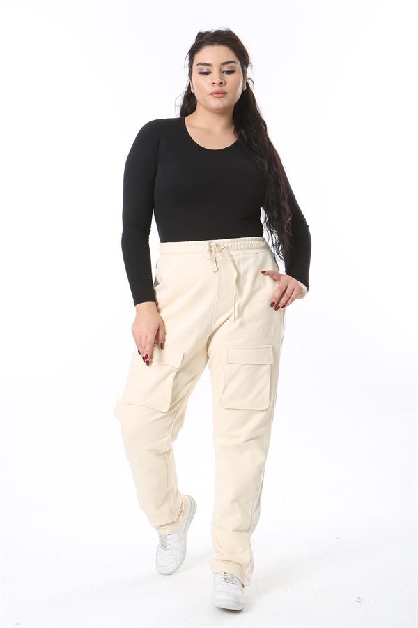 Kadın Büyük Beden Bej Cep Ve Yan Paça Çıtçıt Düğme Detaylı Spor Pantolon 65N38676