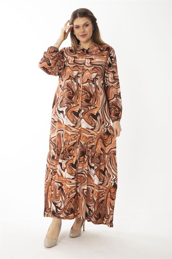 Kadın Büyük Beden Renkli Dokuma Viskon Kumaş Ön Boy Düğmeli Etek Ucu Katlı Elbise 65N37087