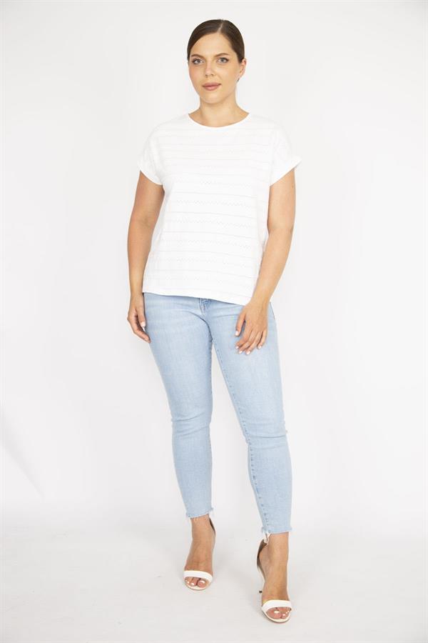 Kadın Pembe Büyük Beden Pamuk Kumaş Kendinden Desenli Düşük Kol Bluz