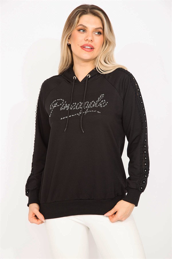 Kadın Siyah Taş Ve Dantel Detaylı Kapşonlu Sweatshirt   65N35309
