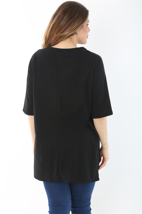 Kadın Büyük Beden Siyah Taş Ve Sim Detaylı Yan Yırtmaçlı Bluz 65N37466