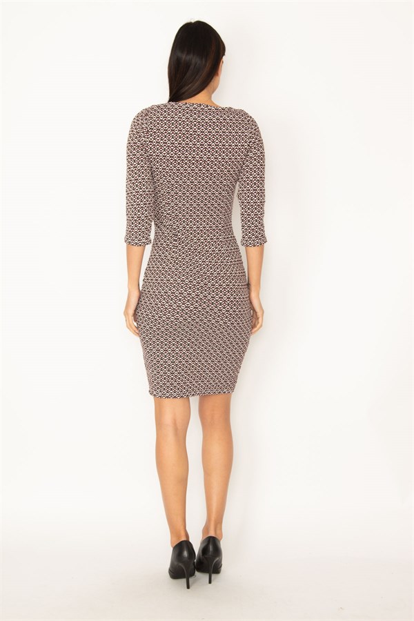 ROBE À MANCHES CABAS EN TISSU LYCRA JACQUARD MARRON POUR FEMME