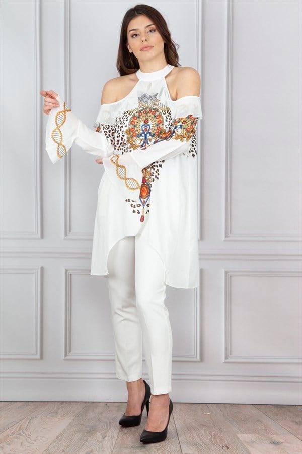 Chemisier femme à épaules dénudées et broderies de pierres 26N14543