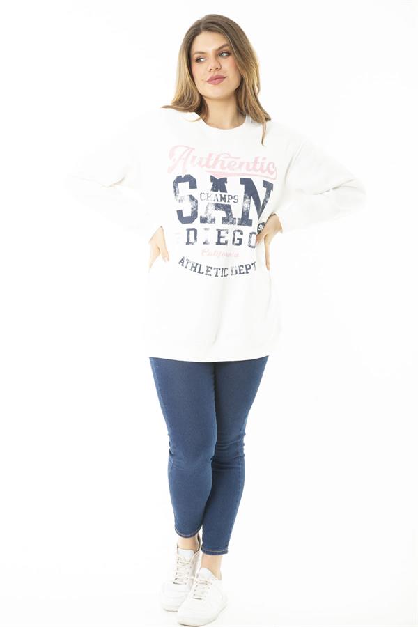 Kadın Büyük Beden Kemik İçi Şardonlu İki İplik Ön Baskılı Sweatshirt 65N37158