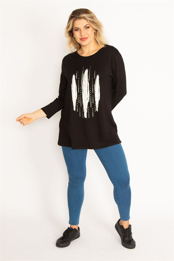Kadın Siyah Taş Ve Baskı Detaylı Bluz 65N34713