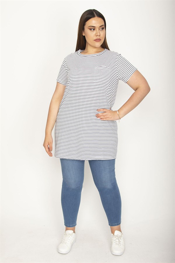 Kadın Beyaz Pamuklu Kumaş Peto Cepli Çizgili Tunik 65N26365