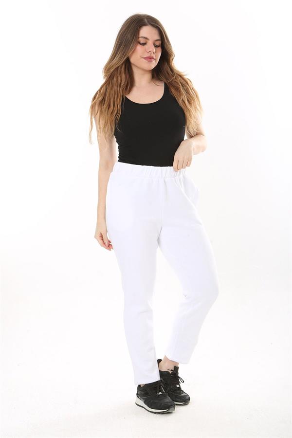 Kadın Büyük Beden Beyaz İçi Şardonlu Yan Cepli Eşofman Alt 65N37566