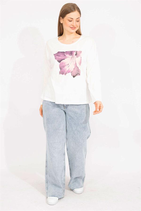 Kadın Kemik Büyük Beden Pamuklu Kumaş Kapri Kol Baskılı Bluz 65N35563
