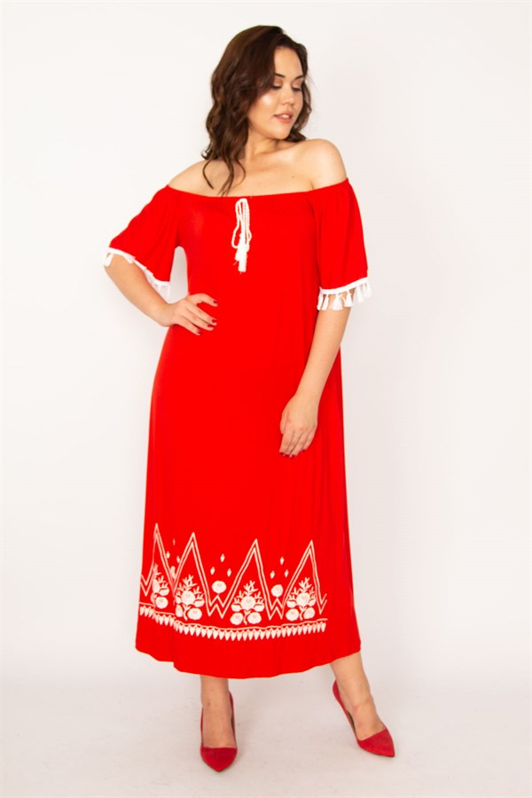 Kadın Kırmızı Karmen Yaka Nakış Ve Püskül Detaylı Uzun Elbise 65N33437