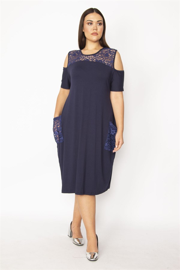 Kadın Lacivert Cep Ve Ön Arka Robası Dantel Omuz Dekolteli Elbise 65N29528