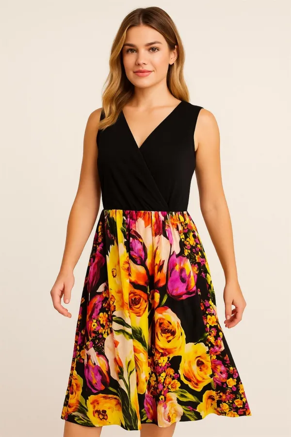 Kadın Büyük Beden Siyah, Anvelop Yaka, Çiçek Desenli Viskon Elbise 65N39238