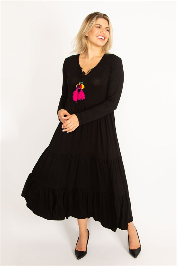 Kadın Fujya Yaka Detaylı Uzun Kollu Katlı Elbise 65N34514