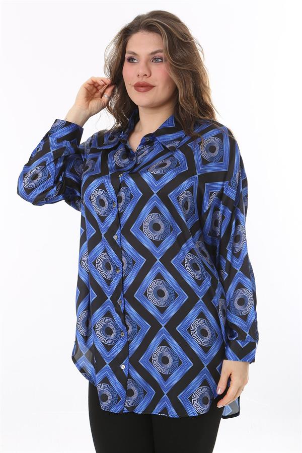 Kadın Büyük Beden Pembe Ön Düğmeli Saten Bluz 65N38017