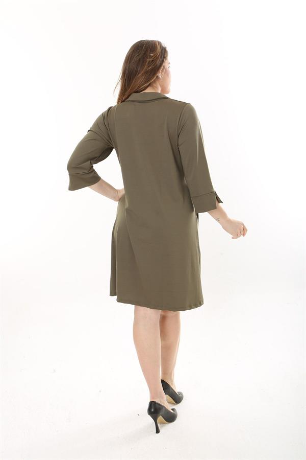Kadın Büyük Beden Haki V Yakalı Cepli Krep Elbise 65N37658
