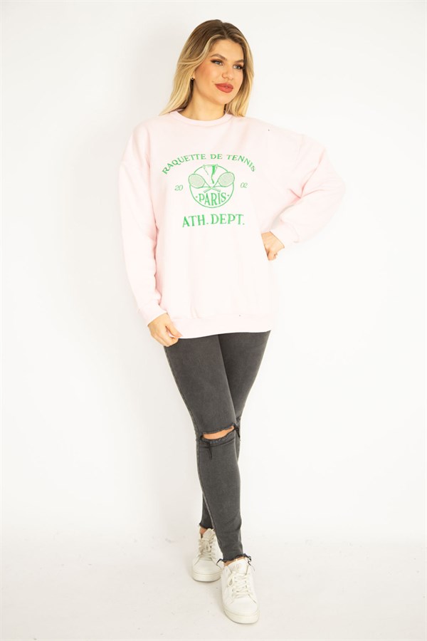Kadın Pembe 3 İplik İçi Şardonlu Polar Nakışlı Sweatshirt 65N35073