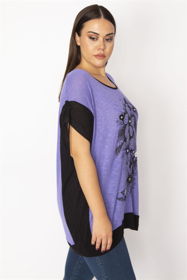 Kadın Eflatun Taş Ve Baskı Detaylı Kol Bağcıklı İki Renkli Tunik 65N29494