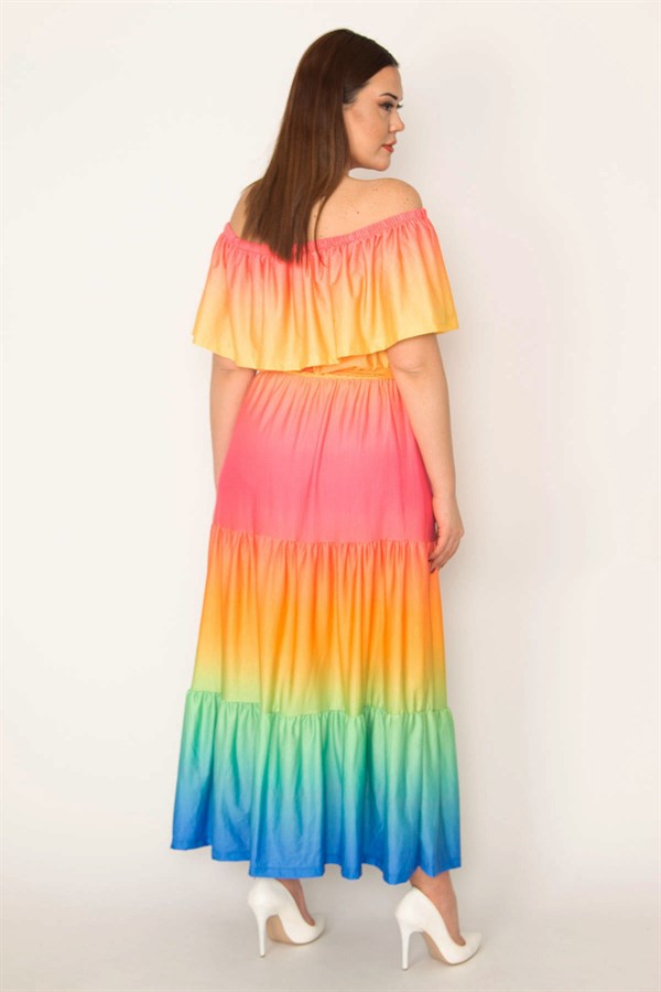 KADIN RENKLİ YAKASI LASTİK VE VOLAN DETAYLI KATLI ELBİSE