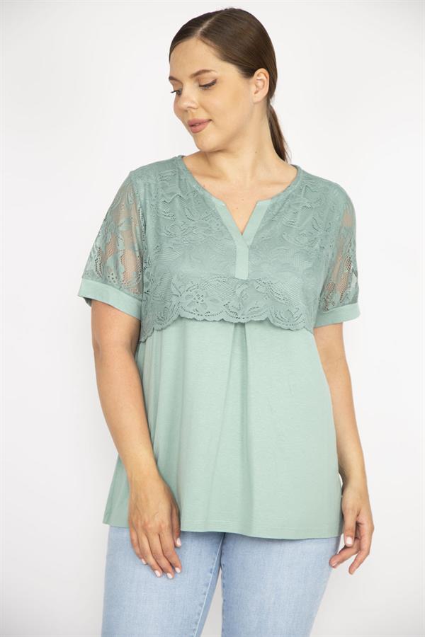 Kadın Yeşil Büyük Beden Dantel Detaylı V Yakalı Tunik
