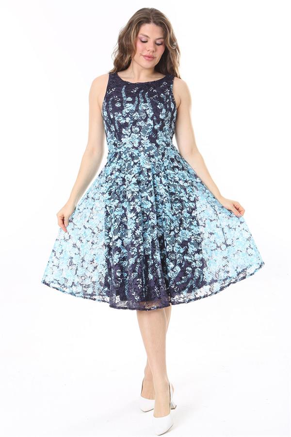 Kadın Büyük Beden Mavi Arka Fermuarlı Astarlı Dantel Elbise 65N37983