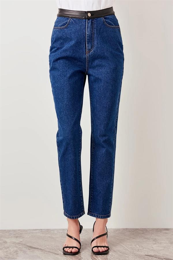 Kadın Mavi , Deri Detaylı , Yüksek Bel Kot Pantolon